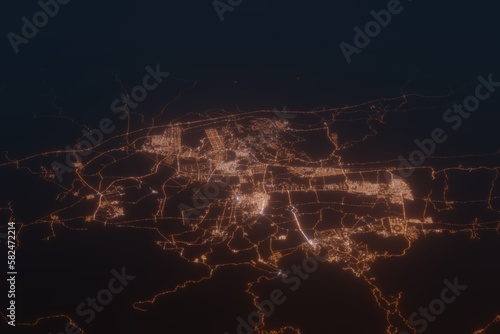Aerial shot on Naypyidaw (Myanmar) at night, view from east. Imitation of satellite view on modern city with street lights and glow effect. 3d render