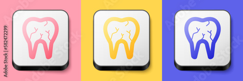 Isometric Broken tooth icon isolated on pink, yellow and blue background. Dental problem icon. Dental care symbol. Square button. Vector