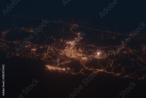 Aerial shot on Ulsan (Korea) at night, view from east. Imitation of satellite view on modern city with street lights and glow effect. 3d render