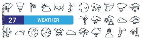 set of 27 thin line weather icons such as precipitation, typhoon, windsock, ice pellets, light bolt, cloudy day, snow storms, freezing vector icons for mobile app, web design.