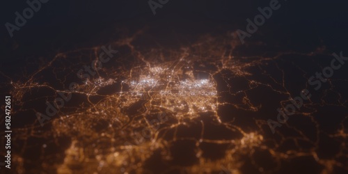 Street lights map of Gwangju (Korea) with tilt-shift effect, view from south. Imitation of macro shot with blurred background. 3d render, selective focus