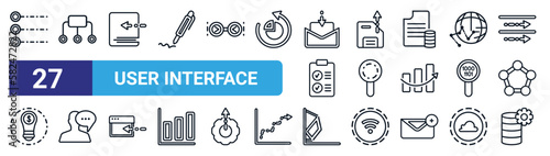 set of 27 thin line user interface icons such as radio button, connected data flow chart, download ebook, uploading file, search shot interface with a magnifier tool, anonymous message, polygonal
