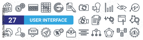 set of 27 thin line user interface icons such as labels, more percentage plus button, comparision table, bad idea, writing square, user ting interface, justify, download from the cloud vector icons