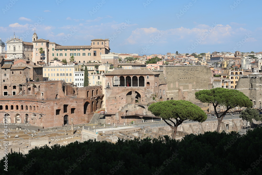 Panoramic Rome cityscape. View of the street city  in the morning. Scenic landscape with old town. Travel to European Union. UNESCO World Heritage Site.