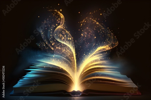 Magical Book Opening with glowing lights coming out of pages, abstract sparkles and glitter, Literature And Fairytale Concept background
