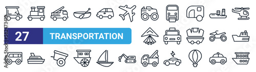 set of 27 thin line transportation icons such as golf cart, train, fire truck, monorail, cab, yacht, tow truck, houseboat vector icons for mobile app, web design.