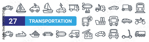 set of 27 thin line transportation icons such as automobile, yawl, eco-friendly transport, wrecker, ship, , funicular railway, eighteen-wheeler vector icons for mobile app, web design.