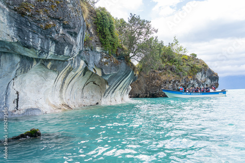 Marble Caves on Lake General Carrera, Patagonia, Chile. Marble Caves are naturally sculpted caves made completely of marble and formed by the water action. 