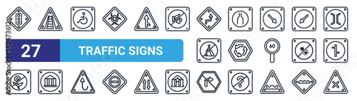 set of 27 thin line traffic signs icons such as , railway, handicap, narrow road, roundabout, museum, no turn right, crossroad vector icons for mobile app, web design.