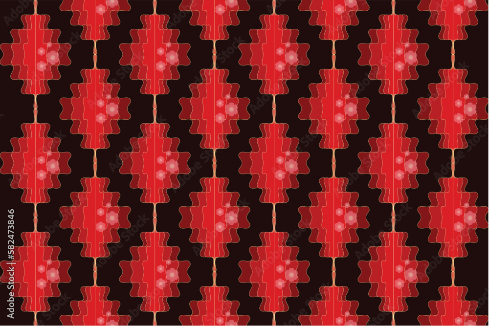 Fototapeta premium Beautiful Motif Ogee Chinese red plum blossom flowers lantern ethnic seamless pattern. Asian Chinese style. Design for wallpaper, backdrop, fabric, home decor, clothing, throw pillows, greeting card