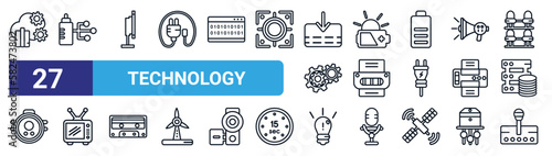set of 27 thin line technology icons such as cloud analysis, wired connection, tv side, solar battery, office printer, old television, light bulb idea, transmission vector icons for mobile app, web