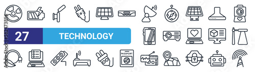 set of 27 thin line technology icons such as holiday, battery level, spotlights, navigation compass, cinema projector, customs, radio and messages, frequency antenna vector icons for mobile app, web