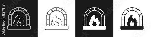 Set Blacksmith oven icon isolated on black and white background. Vector