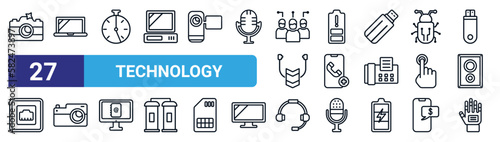 set of 27 thin line technology icons such as camera flash, open laptop, half hour, battery with two bars, add call, photograph camera, customer service head, robotic hand vector icons for mobile