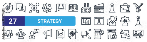 set of 27 thin line strategy icons such as goal, speech, data, card, website, strength, advertising, video conference vector icons for mobile app, web design.