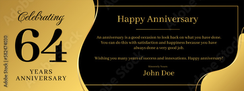 64 years anniversary, a banner speech anniversary template with a gold background combination of black and text that can be replaced
