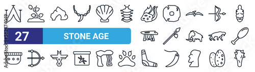 set of 27 thin line stone age icons such as tipi, plant, cave, wheel, spear, bow, boomerang, cudgel vector icons for mobile app, web design.