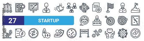 set of 27 thin line startup icons such as grow, procedure, strategy sketch, hire, ceo, quick, finish line, exploration vector icons for mobile app, web design.