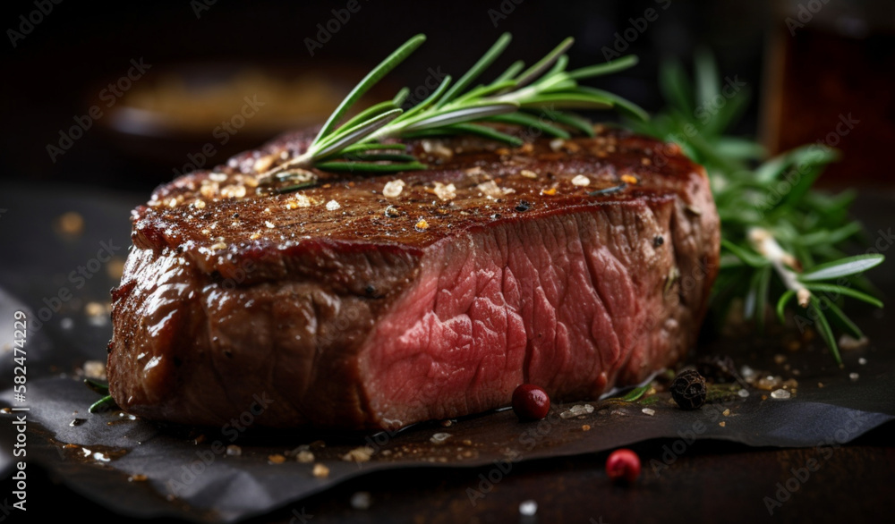 A steak on a cutting board with herbs and spices. Generative ai