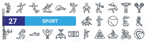 set of 27 thin line sport icons such as unicycling handball, kung fu, figure skating, discus throw, racewalking, bodybuilding, aikido, softball vector icons for mobile app, web design.