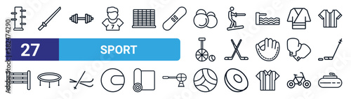 set of 27 thin line sport icons such as kung fu, aikido, bodybuilding, wakeboarding, ice hockey, trampolining, volleyball, curling vector icons for mobile app, web design.