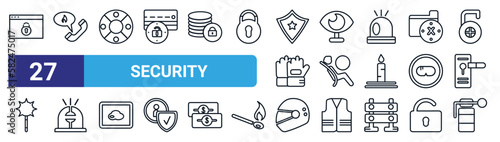 set of 27 thin line security icons such as data window lock, fire phone, lifesaving, insight, airbag, ambulance alert, motorbike helmet, smoke grenade vector icons for mobile app, web design.