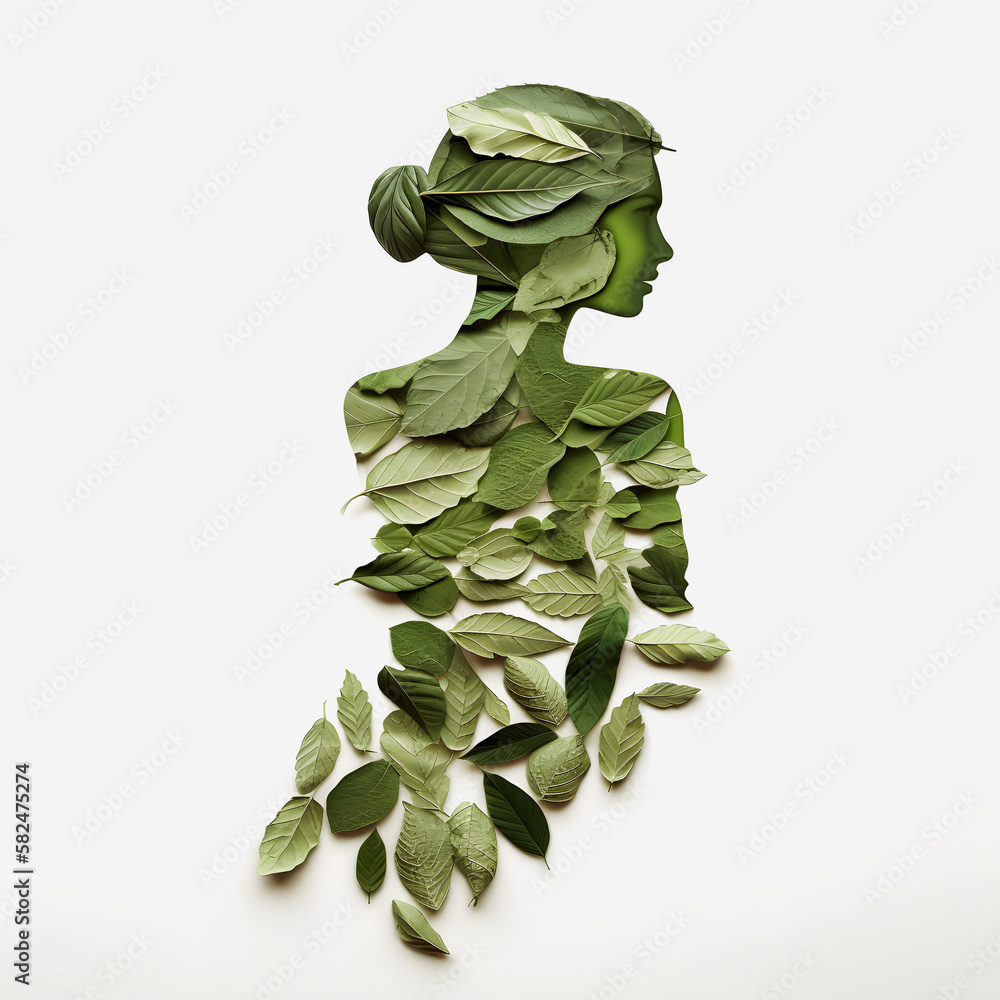 Obraz premium Nature's Artistry in Clear and Crisp Detail: A Clipart Illustration of a Lady Made of Leaves with a Smooth Texture and White Background