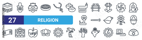 set of 27 thin line religion icons such as kaaba mecca, rabbi, lion of judah, ark of the convenant, shehnai, kotel, tree life, kippah vector icons for mobile app, web design.