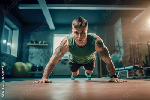 A man in the gym does push-ups. Going in for sports in the fitness room  a young man of European appearance with tattoos on his arms is exercising  an illustration in green tones. Generative AI.