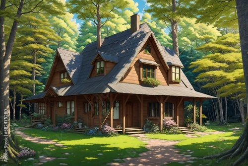 Anime-style wooden house in forest [AI Generated] © Jefferson