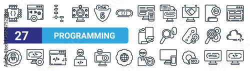set of 27 thin line programming icons such as hardware, web optimization, flowchart, compiler, hyperlink, computing, seo consulting, programming vector icons for mobile app, web design.