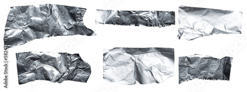 Set collection of torn and ripped crumpled strips of bright shiny metallic aluminium foil, isolated on white or transparent background