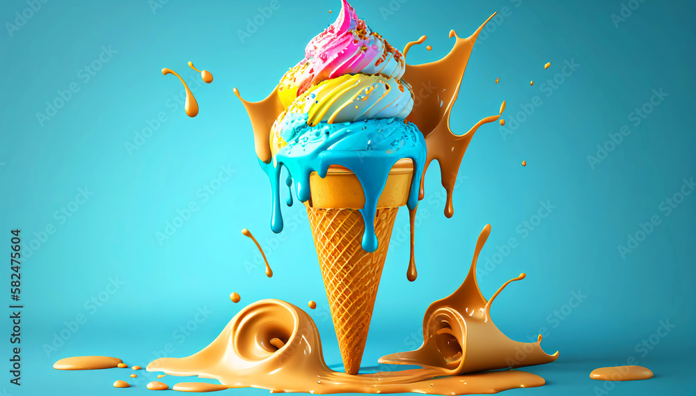 This illustration depicts a melting ice cream cone in a variety of ...