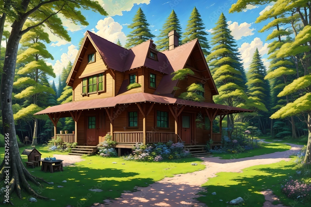 Anime-style wooden house in forest [AI Generated]