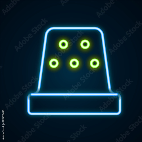 Glowing neon line Thimble for sewing icon isolated on black background. Colorful outline concept. Vector