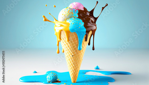 This illustration depicts a melting ice cream cone in a variety of vibrant colors, creating a deliciously drippy effect. The playful and whimsical design. Generative ai technology