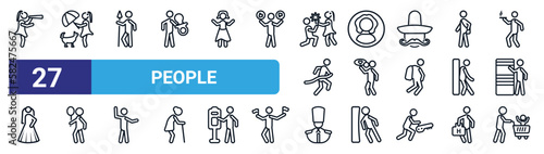 set of 27 thin line people icons such as woman looking by a spyglass, woman covering, lance, woman profile, man thinking about love, boy with balloon, queens guard, father and son shopping vector