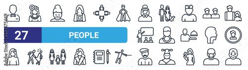 set of 27 thin line people icons such as elegant, colombian, old woman, man girl and dog, amazonian, sexual harassment, bohemian, old man vector icons for mobile app, web design.
