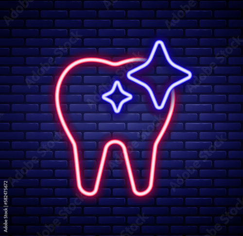 Glowing neon line Tooth whitening concept icon isolated on brick wall background. Tooth symbol for dentistry clinic or dentist medical center. Colorful outline concept. Vector
