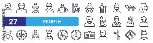 set of 27 thin line people icons such as hairy, muslim man, mexican woman, shepherd, salat, restroom, identification card with picture, costa rica vector icons for mobile app, web design.