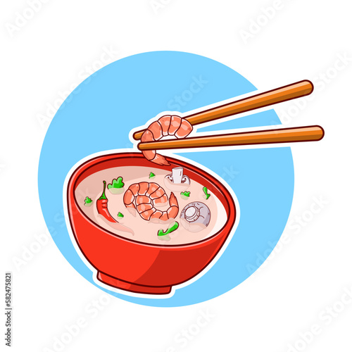 tom yam Asian soup sticker with shrimp in cartoon style. Vector illustration with Asian soup