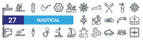 set of 27 thin line nautical icons such as submarine facing right, windsurf, long lighthouse, nautical monocular, folded map with placeholder, message in a bottle, buoys, rope knot vector icons for
