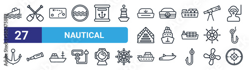 set of 27 thin line nautical icons such as capsizing, porthole, treasure map, sailor cap, cruise ship, antique telescope, gunboat, azimuth compass vector icons for mobile app, web design.
