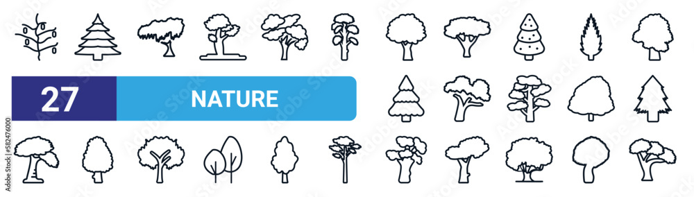 set of 27 thin line nature icons such as cucumber tree tree, balsam fir tree, black willow honey-locust shagbark hickory american larch scarlet oak black locust vector icons for mobile app, web - obrazy, fototapety, plakaty 