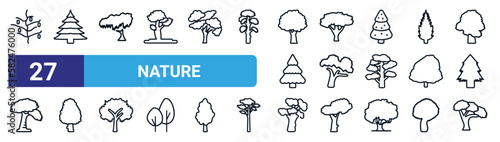 set of 27 thin line nature icons such as cucumber tree tree, balsam fir tree, black willow honey-locust shagbark hickory american larch scarlet oak black locust vector icons for mobile app, web