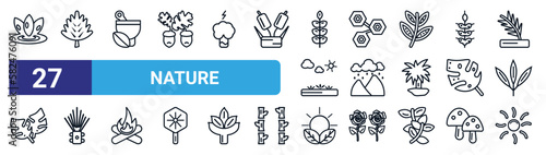 set of 27 thin line nature icons such as asian, hawthorn leaf, treatments, chemical structure, rainy landscape, pine needle, natural energy, shining sun with rays vector icons for mobile app, web