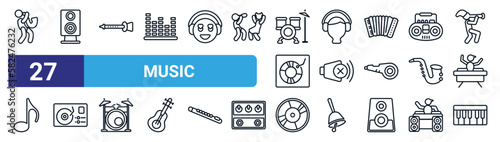 set of 27 thin line music icons such as musician with saxophone, vintage loudspeaker, tibetan, boy with headphones, volume off speaker, recorder player, long play, seven piano keys vector icons for