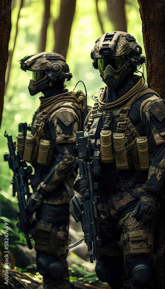 special forces commando soldiers navigating their way through a dense jungle environment. Clad in camouflage gear and armed with advanced weaponry. Generative ai special forces commando soldiers navigating their way through a dense jungle environment. Clad in camouflage gear and armed with advanced weaponry. Generative ai