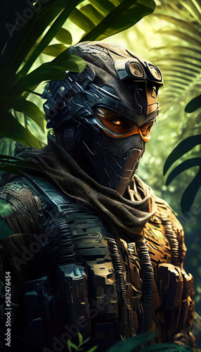 special forces commando soldiers navigating their way through a dense jungle environment. Clad in camouflage gear and armed with advanced weaponry. Generative ai photo