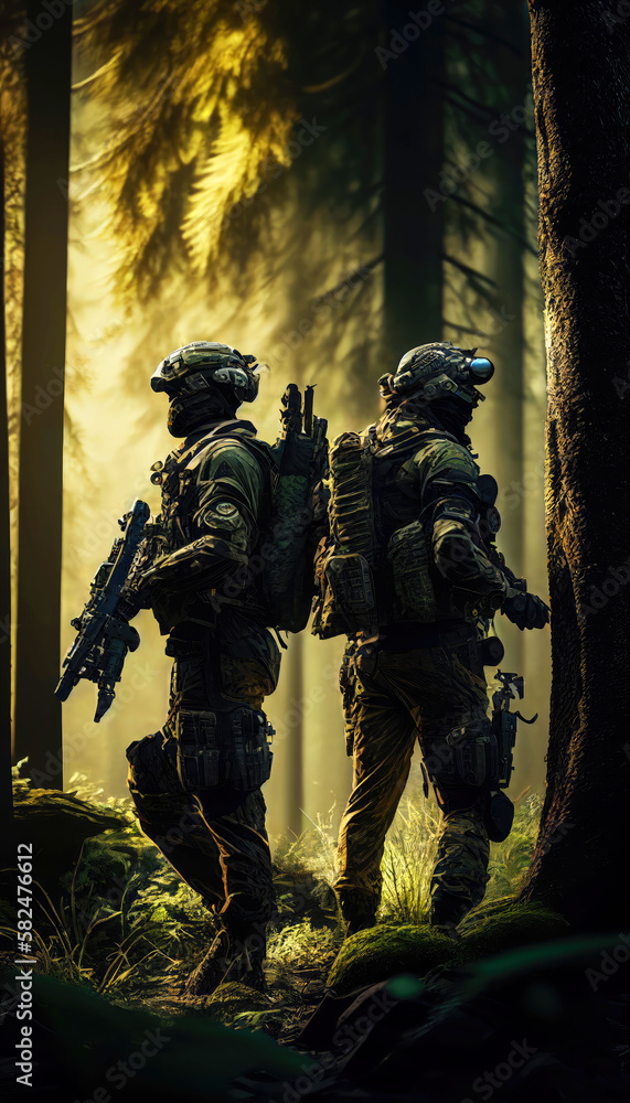 Fototapeta premium special forces commando soldiers navigating their way through a dense jungle environment. Clad in camouflage gear and armed with advanced weaponry. Generative ai